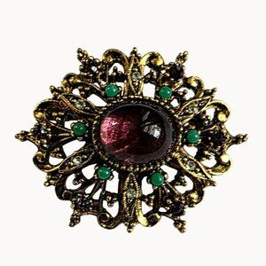 VTG Arthur Pepper Brooch Pin Purple Cabochon Crystals Green Gold-Tone Filigree